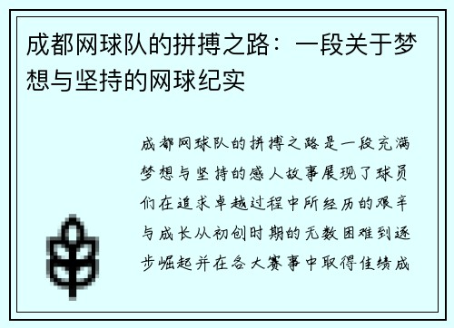成都网球队的拼搏之路：一段关于梦想与坚持的网球纪实