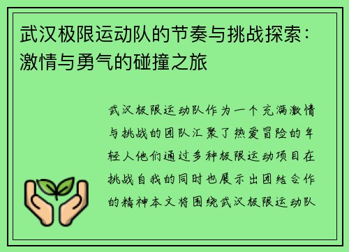 武汉极限运动队的节奏与挑战探索：激情与勇气的碰撞之旅